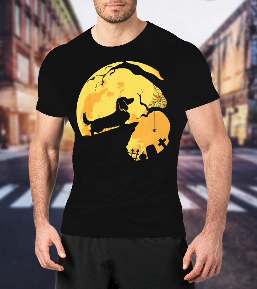 Dachshund Silhouette On Cliff With Full Moon And Halloween Graveyard Scene T-Shirt