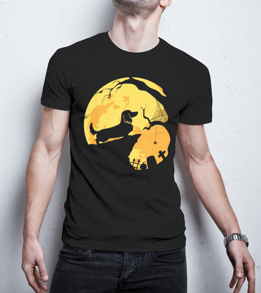 Dachshund Silhouette On Cliff With Full Moon And Halloween Graveyard Scene T-Shirt