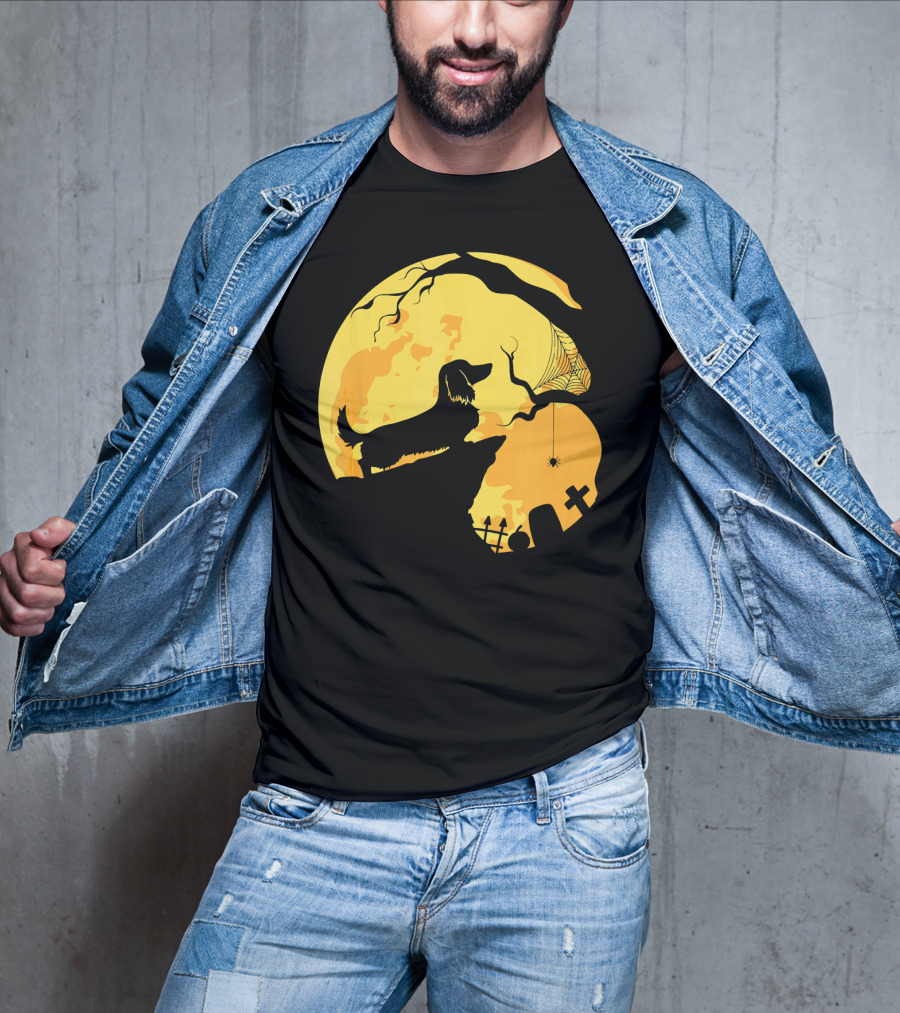 Dachshund Silhouette On Cliff With Full Moon And Halloween Graveyard Scene T-Shirt