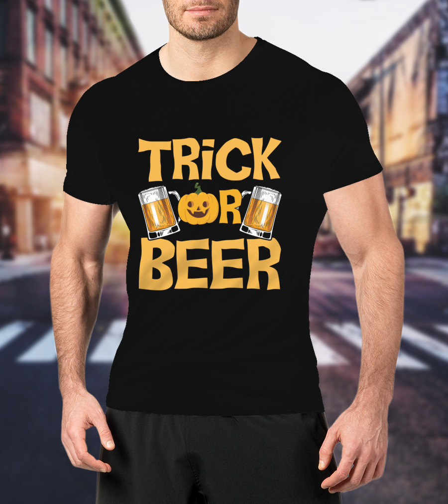 Trick Or Beer Funny Halloween Pumpkin Drinking T-Shirt