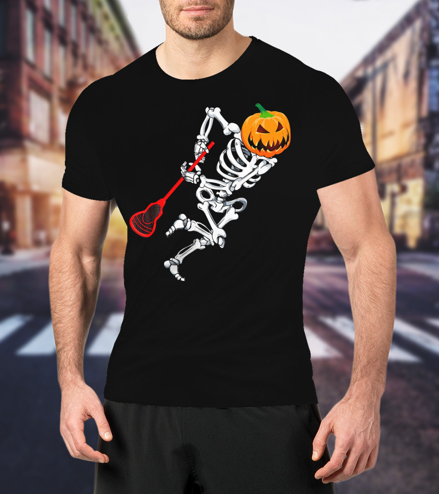 Skeleton Pumpkin Lacrosse Halloween T-Shirt