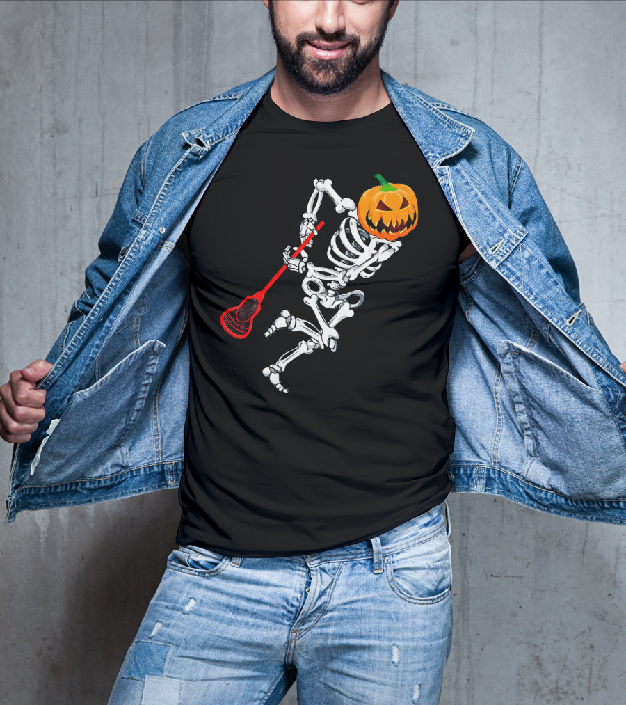 Skeleton Pumpkin Lacrosse Halloween T-Shirt