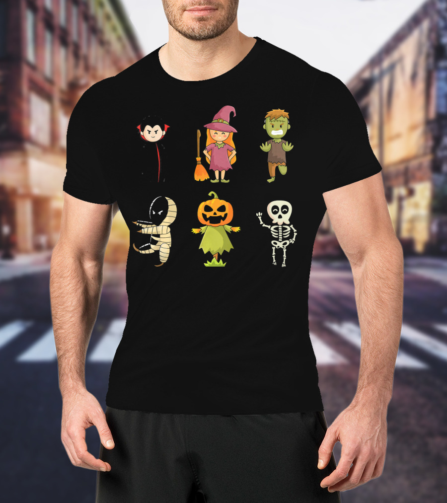 Halloween Characters Dracula Zombie Witch Pumpkin Mummy Skeleton T-Shirt