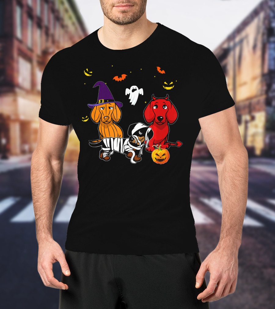 Dachshund In Witch, Devil, And Mummy Costumes With Pumpkin And Ghost T-Shirt