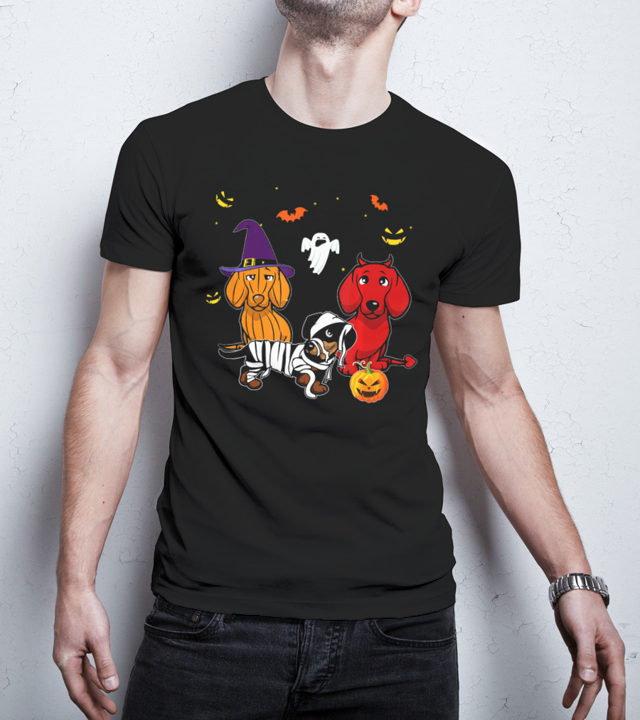 Dachshund In Witch, Devil, And Mummy Costumes With Pumpkin And Ghost T-Shirt