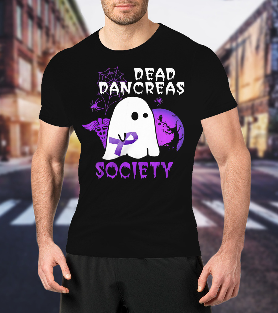 Dead Pancreas Society Ghost With Purple Ribbon Halloween T-Shirt