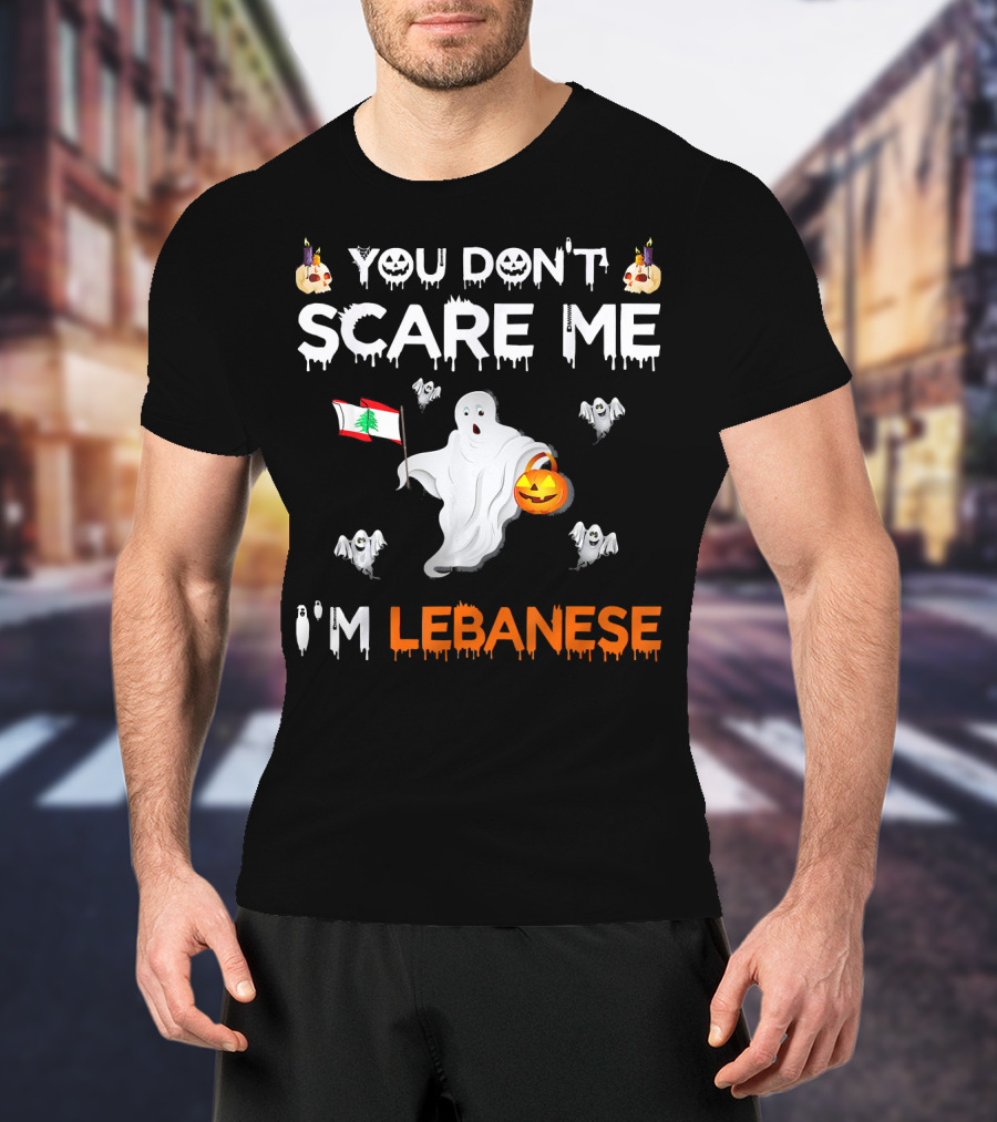 You Don't Scare Me I'm Lebanese Ghost With Lebanese Flag And Pumpkin Halloween T-Shirt