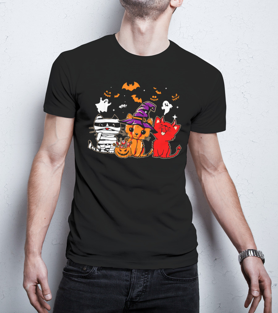 Funny Cat Trio In Halloween Costumes With Ghosts And Pumpkins T-Shirt