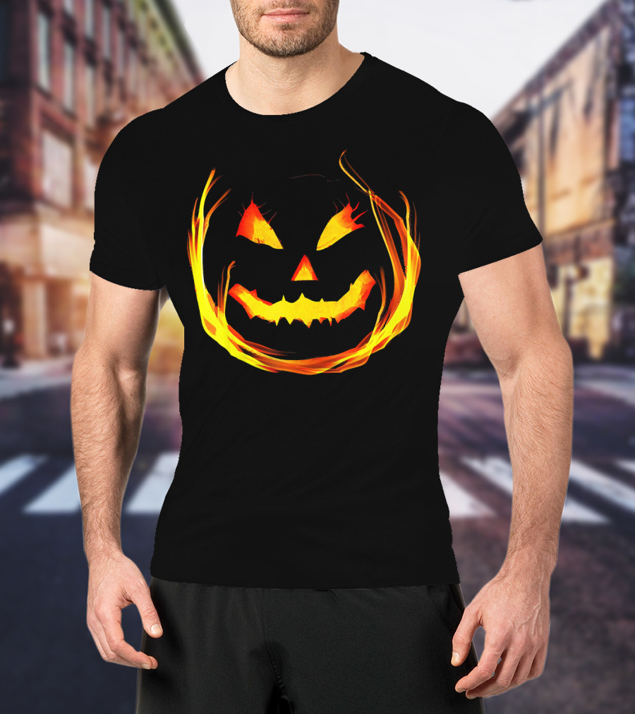 Fun And Spooky Fiery Jack O Lantern Halloween Pumpkin Face T-Shirt