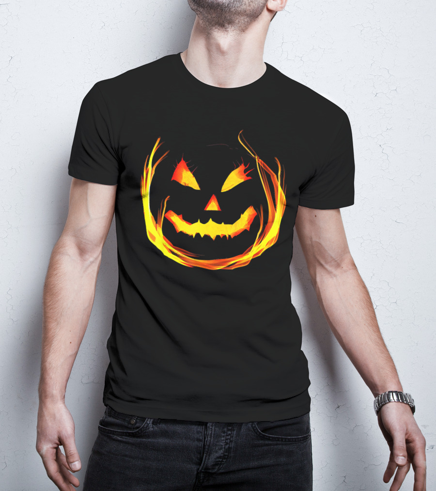 Fun And Spooky Fiery Jack O Lantern Halloween Pumpkin Face T-Shirt