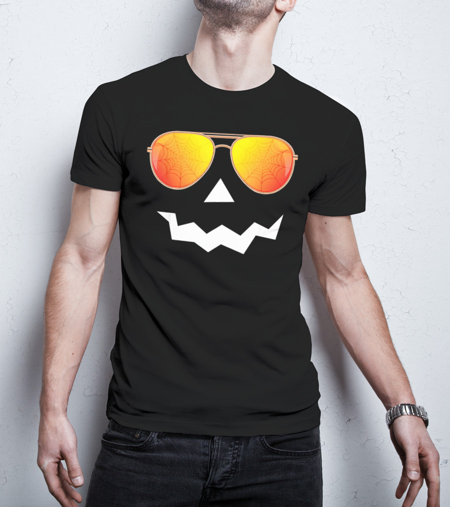 Halloween Jack O Lantern With Sunglasses And Spider Web Reflection T-Shirt