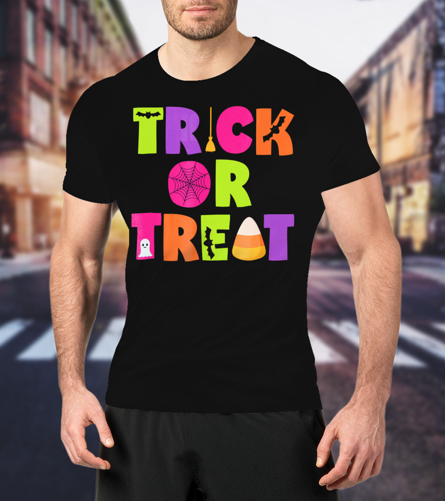 Trick Or Treat Bat Broom Spiderweb Ghost Candy Corn Halloween T-Shirt