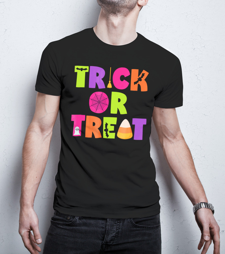 Trick Or Treat Bat Broom Spiderweb Ghost Candy Corn Halloween T-Shirt