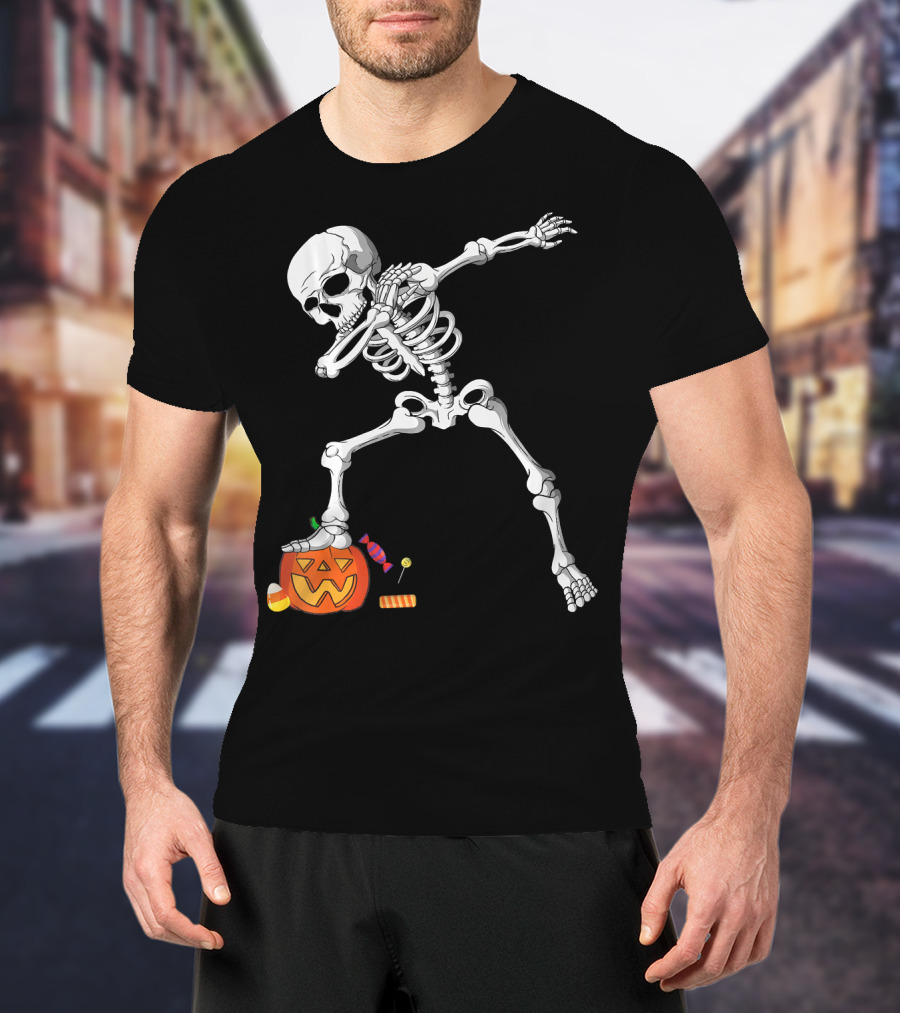 Halloween Skeleton Dabbing On Pumpkin With Candy T-Shirt