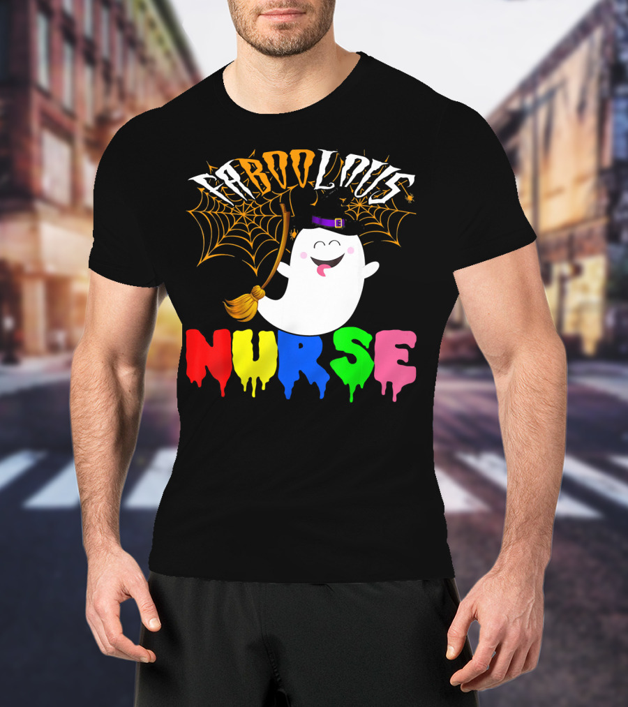 Faboolous Nurse Ghost With Witch Hat And Broom Halloween T-Shirt