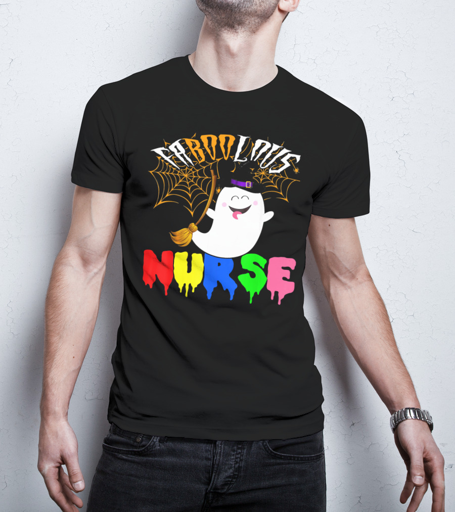 Faboolous Nurse Ghost With Witch Hat And Broom Halloween T-Shirt