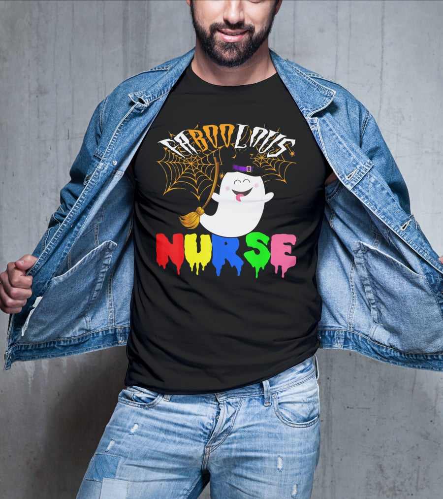 Faboolous Nurse Ghost With Witch Hat And Broom Halloween T-Shirt