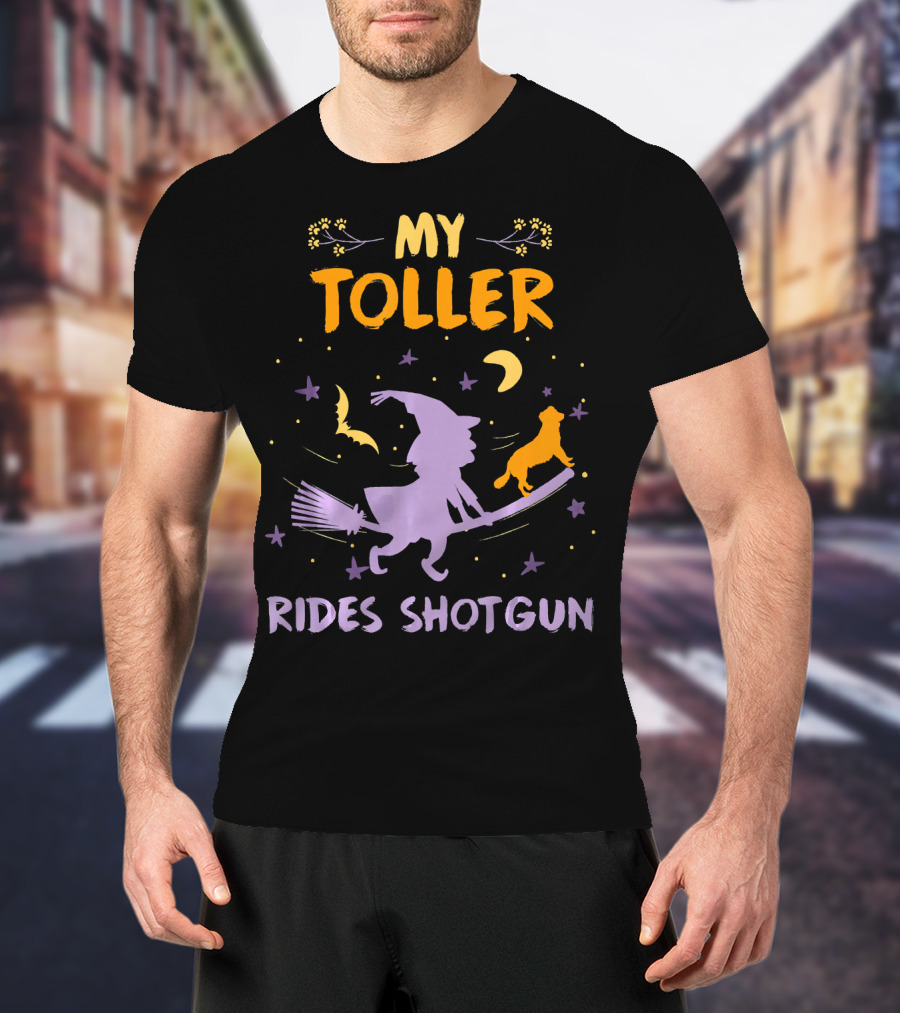 My Toller Rides Shotgun Halloween Witch And Dog Moon Stars T-Shirt