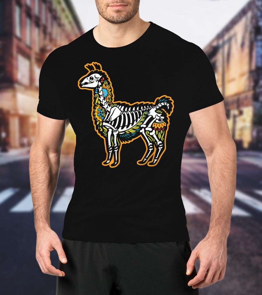Colorful Dia De Los Muertos Llama Skeleton T-Shirt