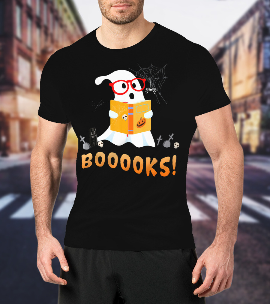 BOOOOKS Funny Teacher Halloween Ghost Reads With Spider Webs T-Shirt
