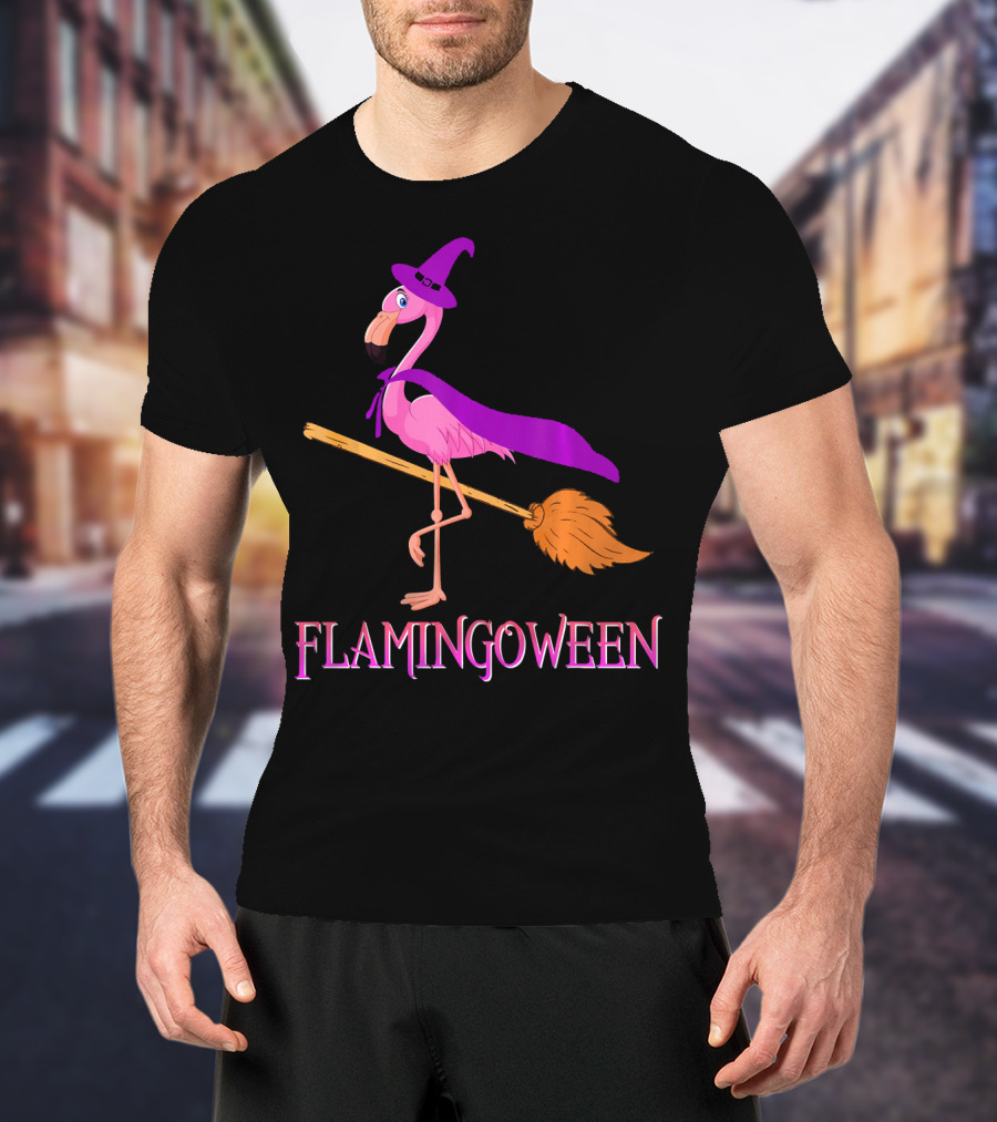 Flamingoween Witch Flamingo Riding Broomstick T-Shirt