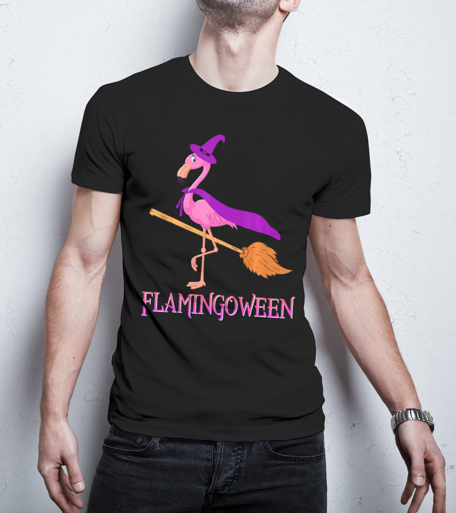 Flamingoween Witch Flamingo Riding Broomstick T-Shirt
