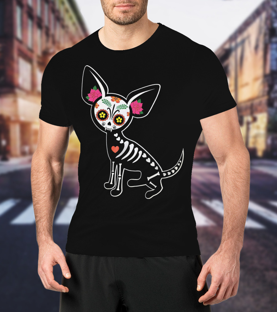 Day Of The Dead Chihuahua Skeleton Skull Flowers T-Shirt