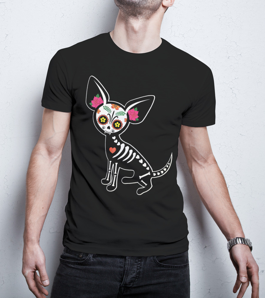 Day Of The Dead Chihuahua Skeleton Skull Flowers T-Shirt