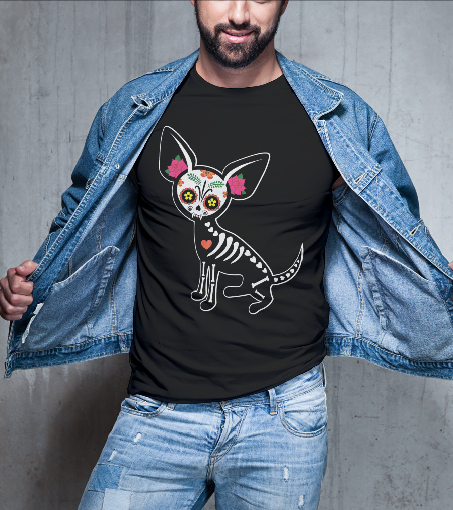 Day Of The Dead Chihuahua Skeleton Skull Flowers T-Shirt