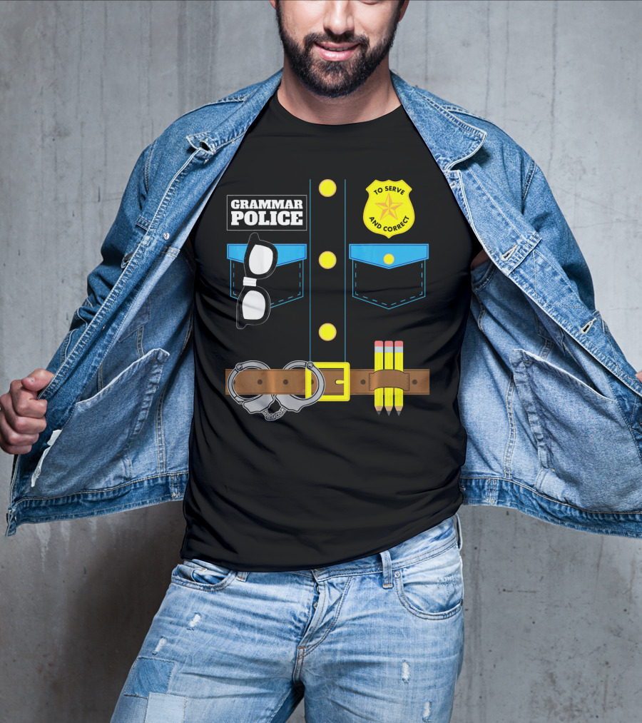 Grammar Police To Serve And Correct Badge And Belt With Handcuffs And Pencils T-Shirt