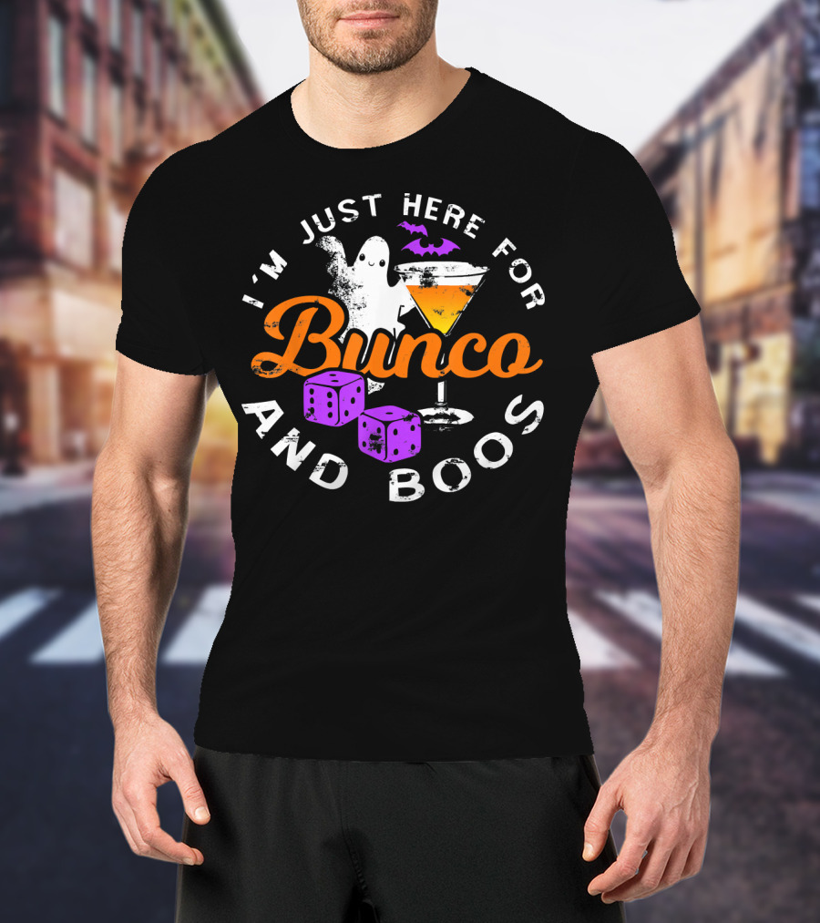 I'm Just Here For Bunco And Boos Ghost Bat Cocktail Dice T-Shirt
