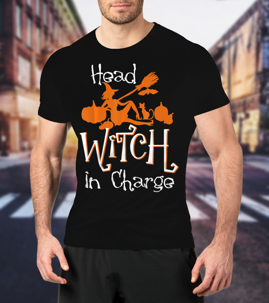 Head Witch In Charge Funny Halloween Pumpkins Broomstick Cat T-Shirt