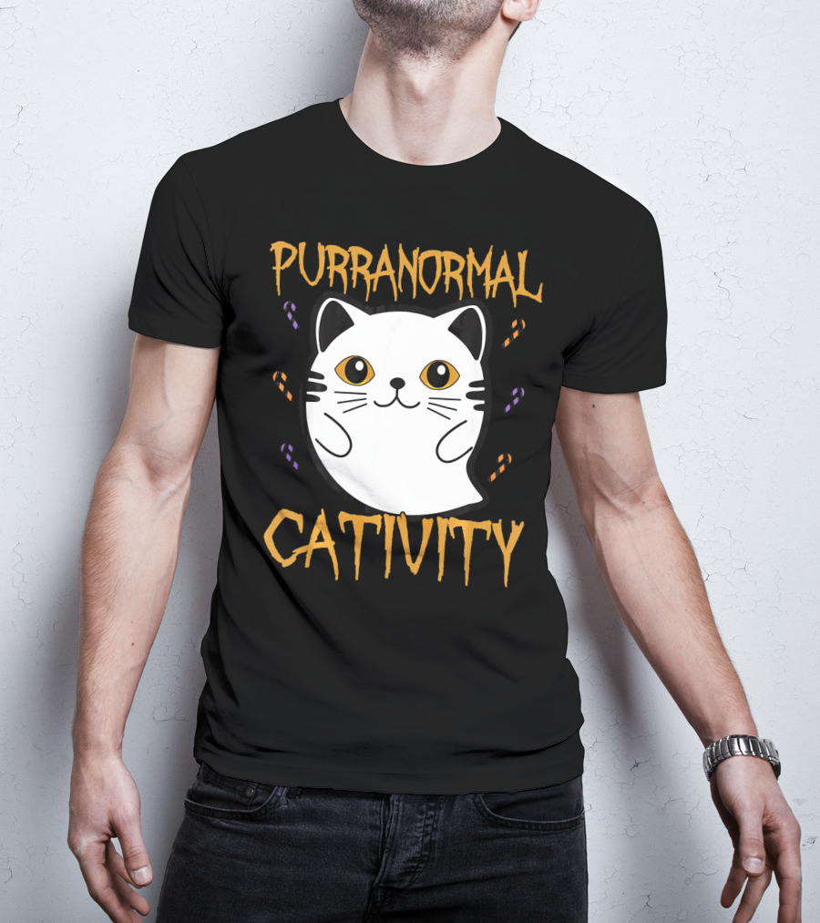 Purranormal Cativity Ghostly Cat Boo With Candy Corn T-Shirt