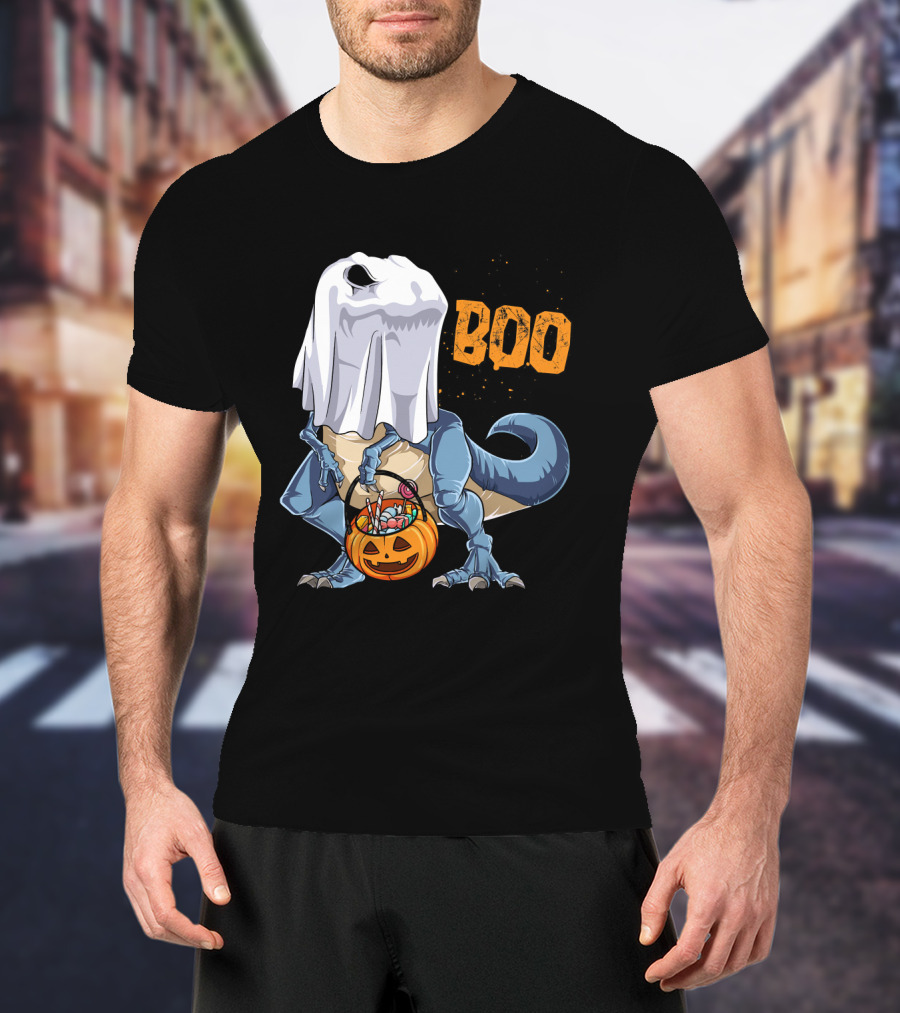 Ghost Dinosaur Rex Boo Halloween Candy Pumpkin T-Shirt