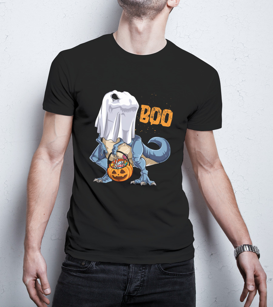 Ghost Dinosaur Rex Boo Halloween Candy Pumpkin T-Shirt
