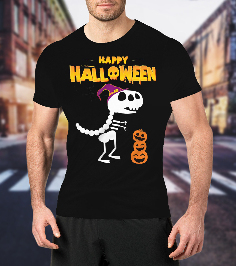 Happy Halloween Funny Rex Skeleton With Witch Hat And Pumpkins T-Shirt