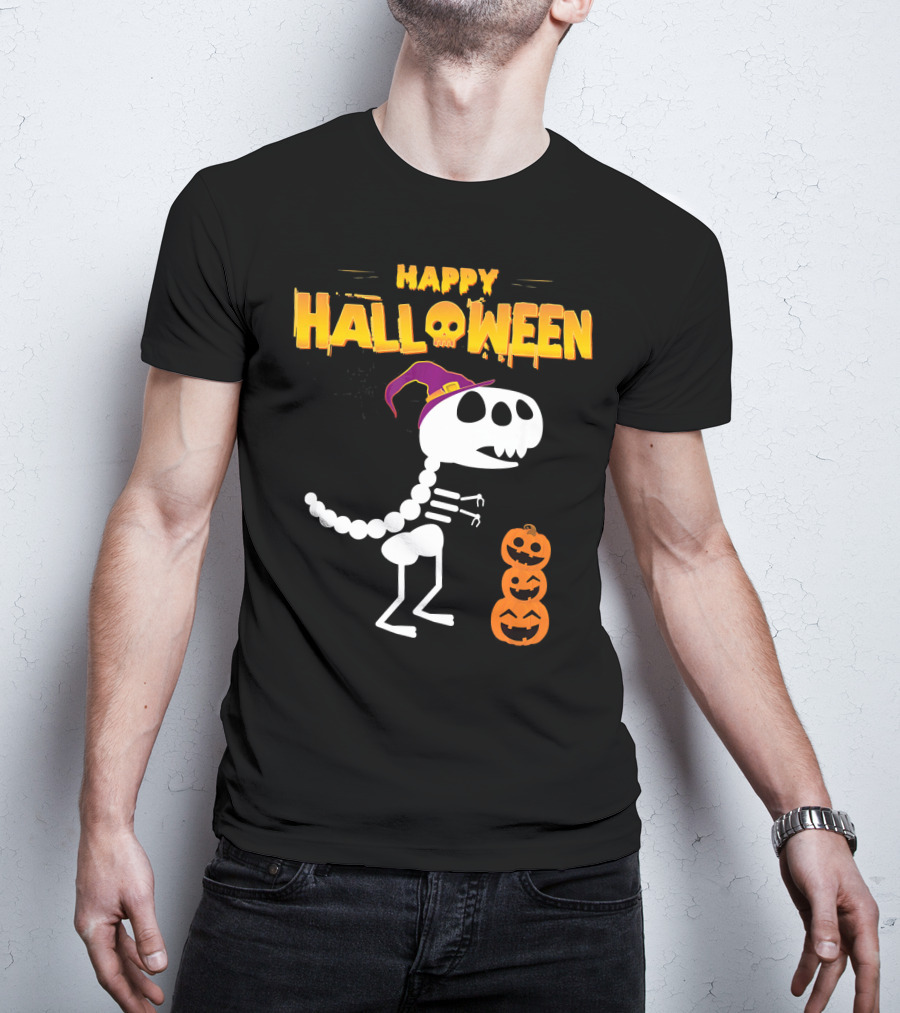 Happy Halloween Funny Rex Skeleton With Witch Hat And Pumpkins T-Shirt