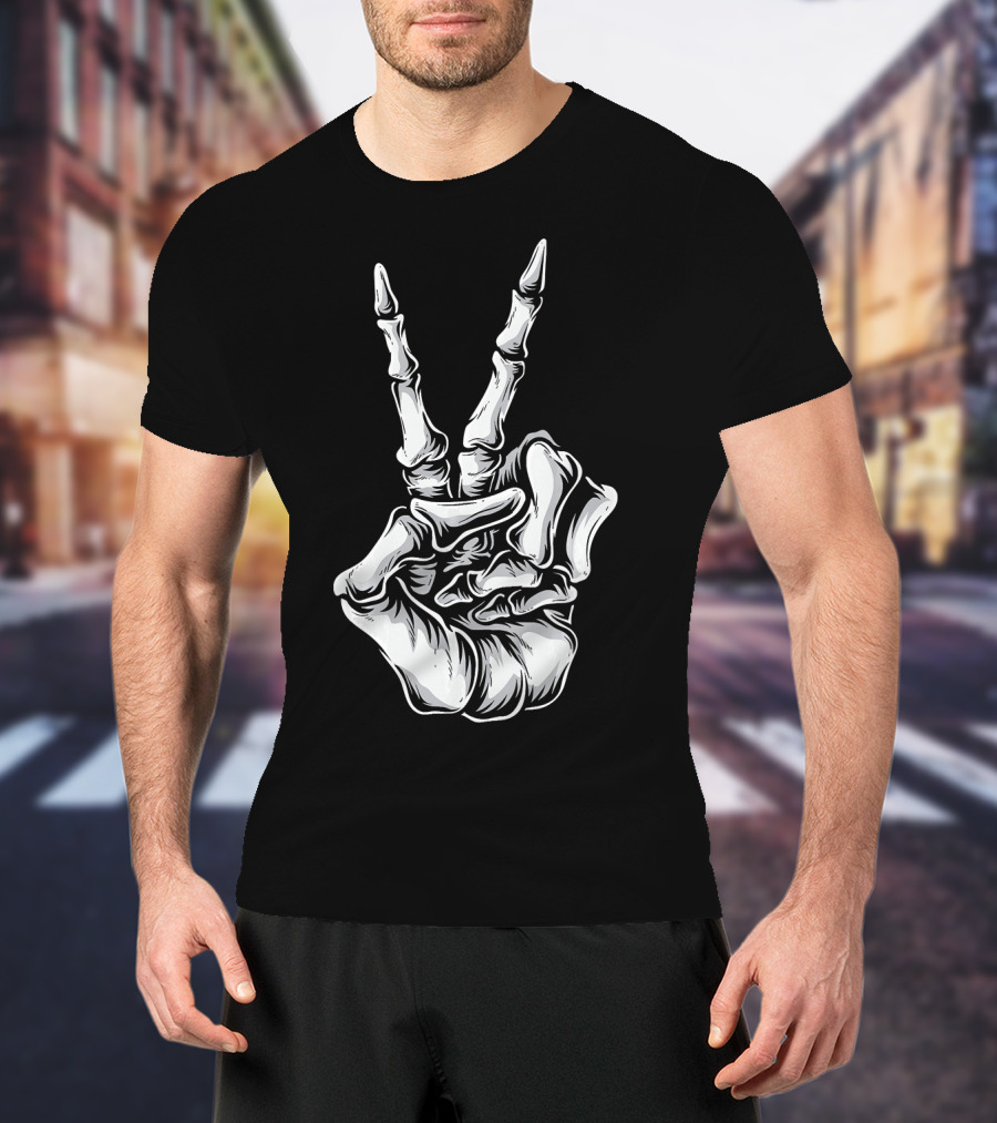 Skeleton Hand Peace Sign Halloween Night T-Shirt