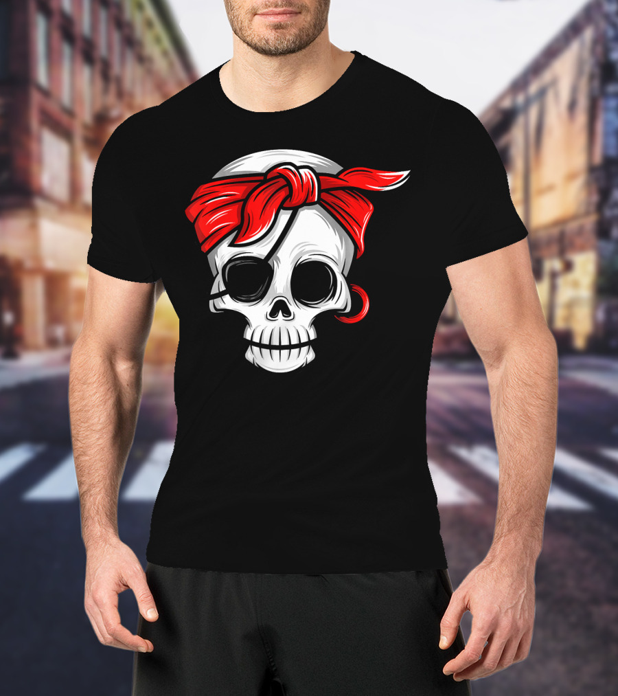 Pirate Skull With Red Bandana And Eye Patch T-Shirt
