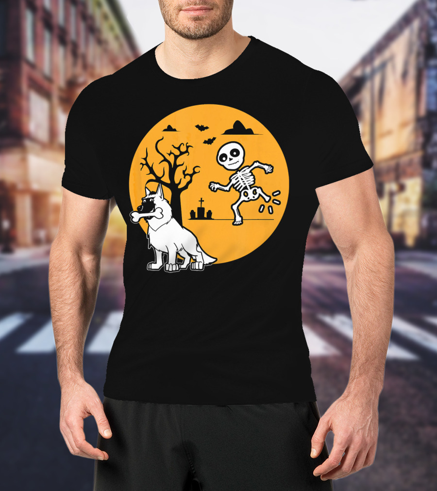 Belgian Malinois Skeleton Bone Halloween Moon Graveyard Scene T-Shirt