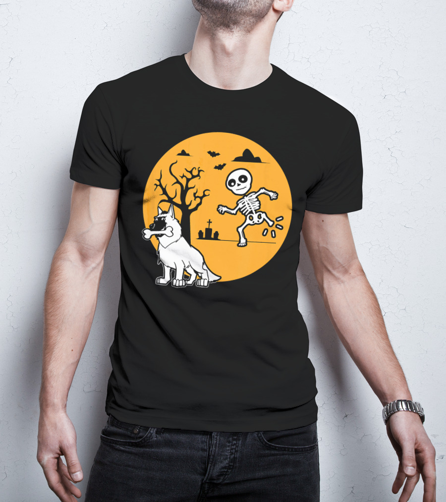 Belgian Malinois Skeleton Bone Halloween Moon Graveyard Scene T-Shirt