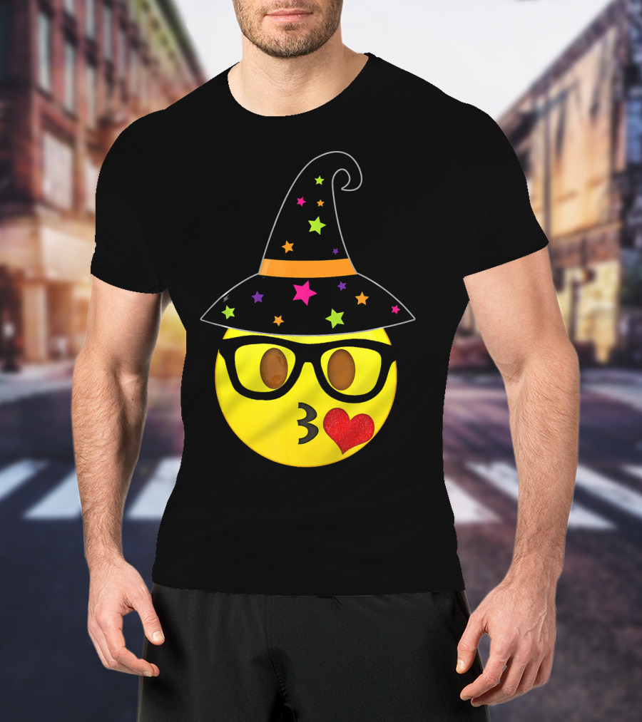 Funny Halloween Witch Hat Emoji Nerd Glasses Kissy Face T-Shirt