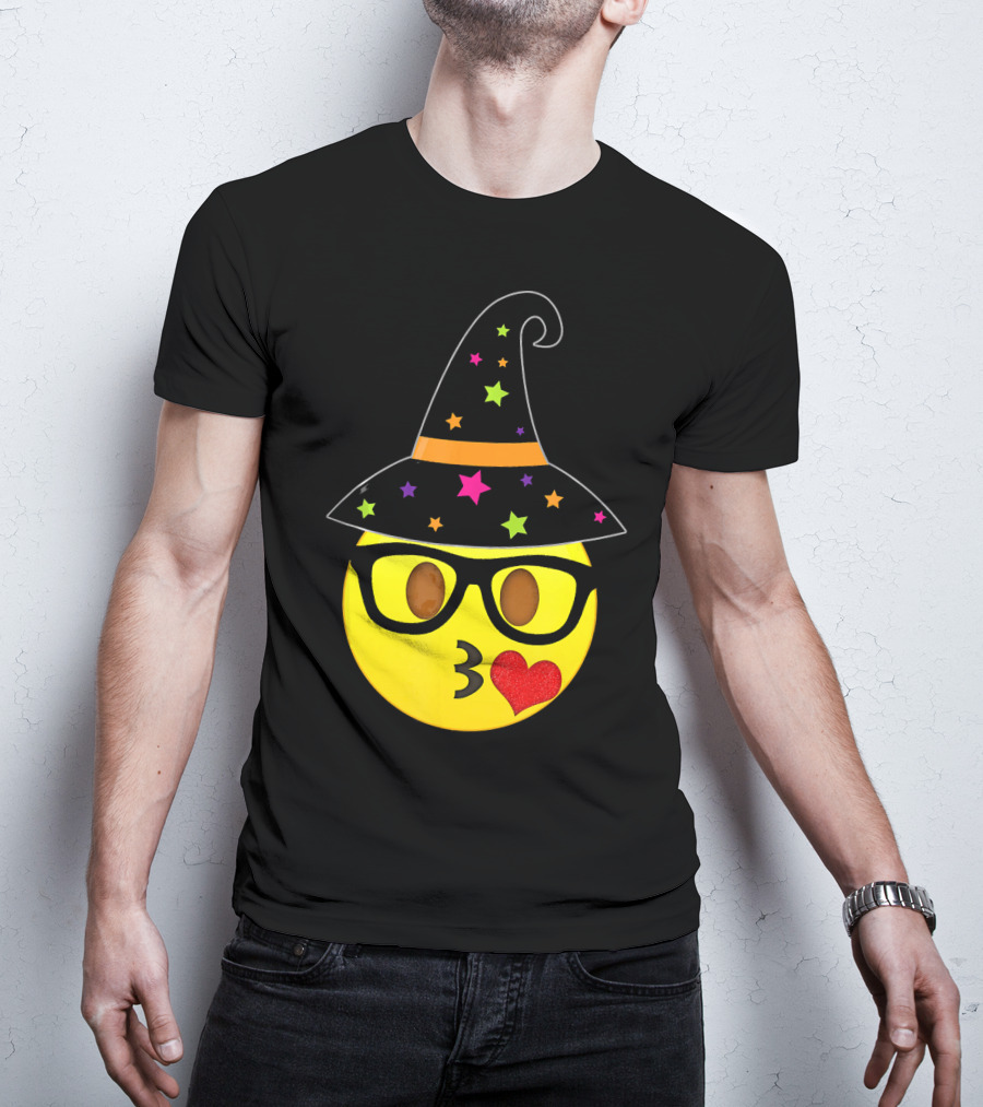 Funny Halloween Witch Hat Emoji Nerd Glasses Kissy Face T-Shirt
