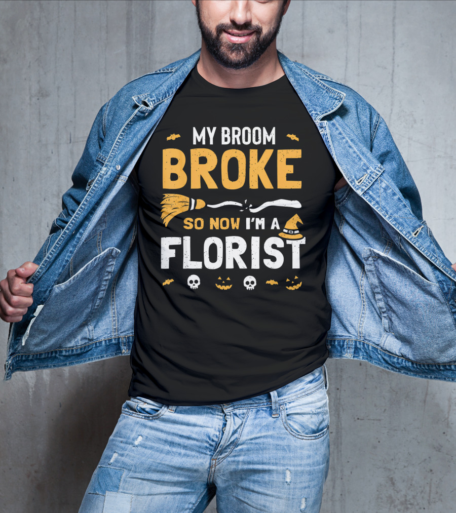 Broke Broom Halloween Florist Costume With Witch Hat And Pumpkins T-Shirt