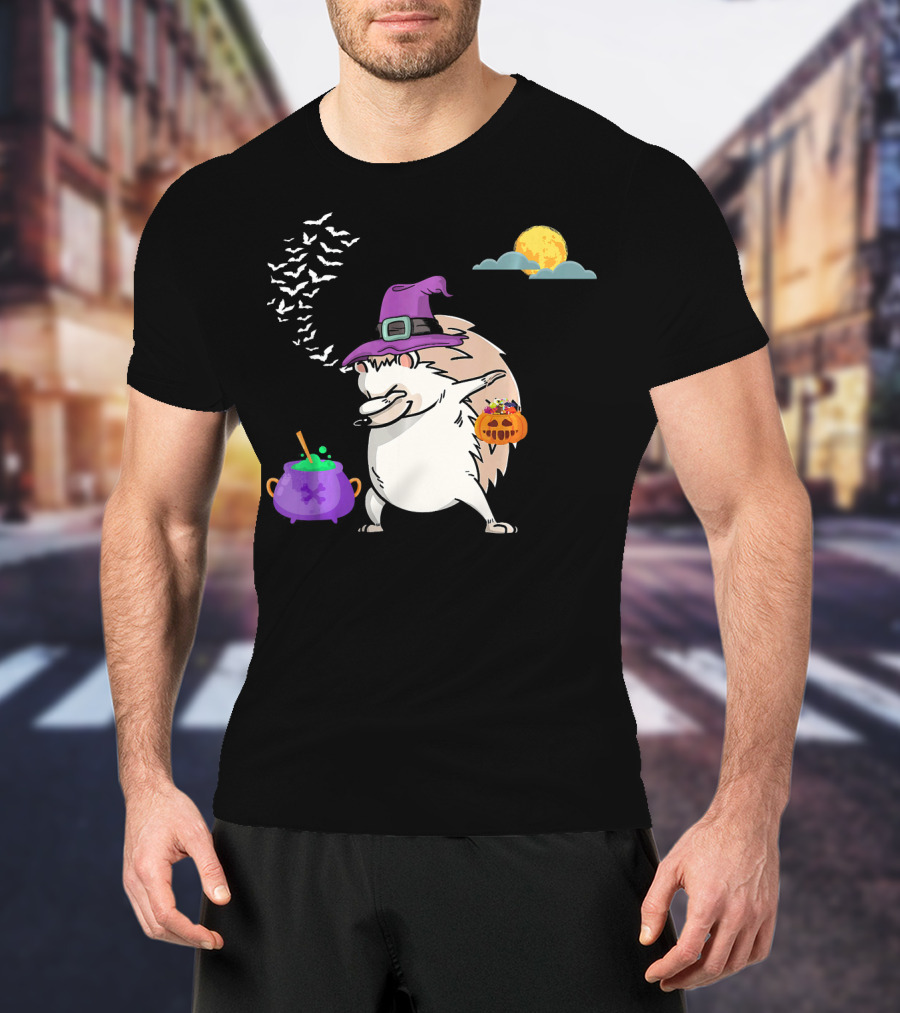 Dabbing Hedgehog Witch Halloween Costume With Cauldron Moon And Pumpkin Candy Bucket T-Shirt