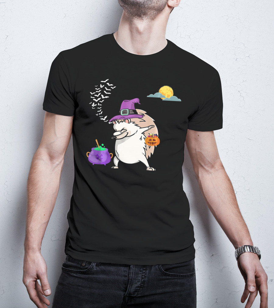 Dabbing Hedgehog Witch Halloween Costume With Cauldron Moon And Pumpkin Candy Bucket T-Shirt