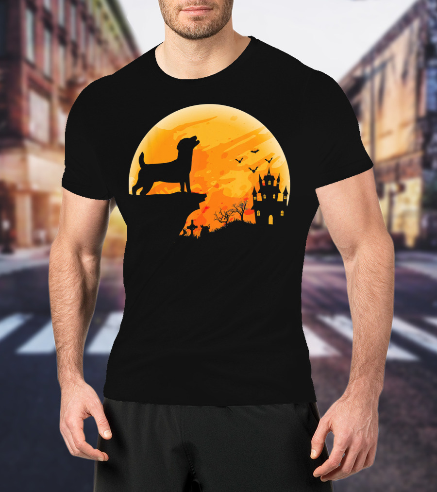 Halloween Costume Jack Russell Terrier Moonlit Haunted Castle Scene T-Shirt