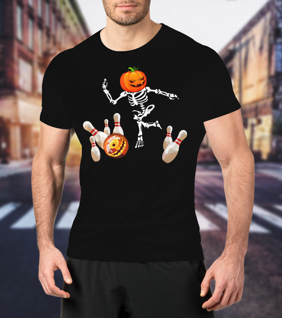 Funny Halloween Pumpkin Head Skeleton Bowling Scene T-Shirt
