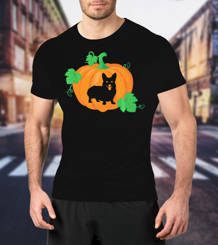 Corgi Dog Pumpkin Halloween Silhouette With Leaves T-Shirt