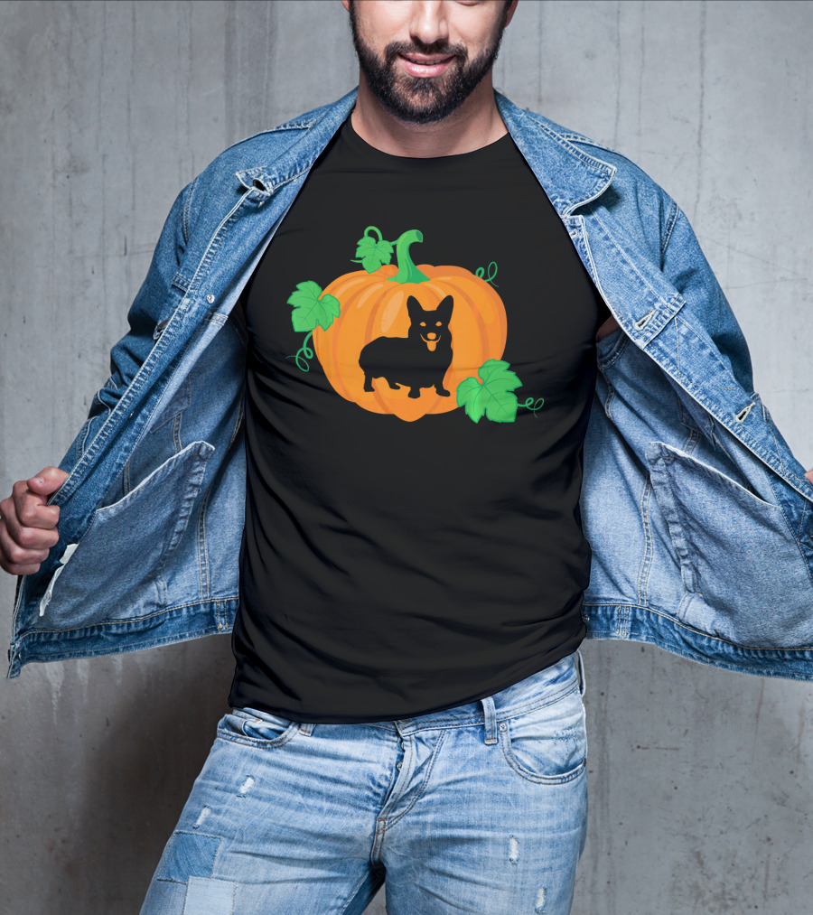 Corgi Dog Pumpkin Halloween Silhouette With Leaves T-Shirt
